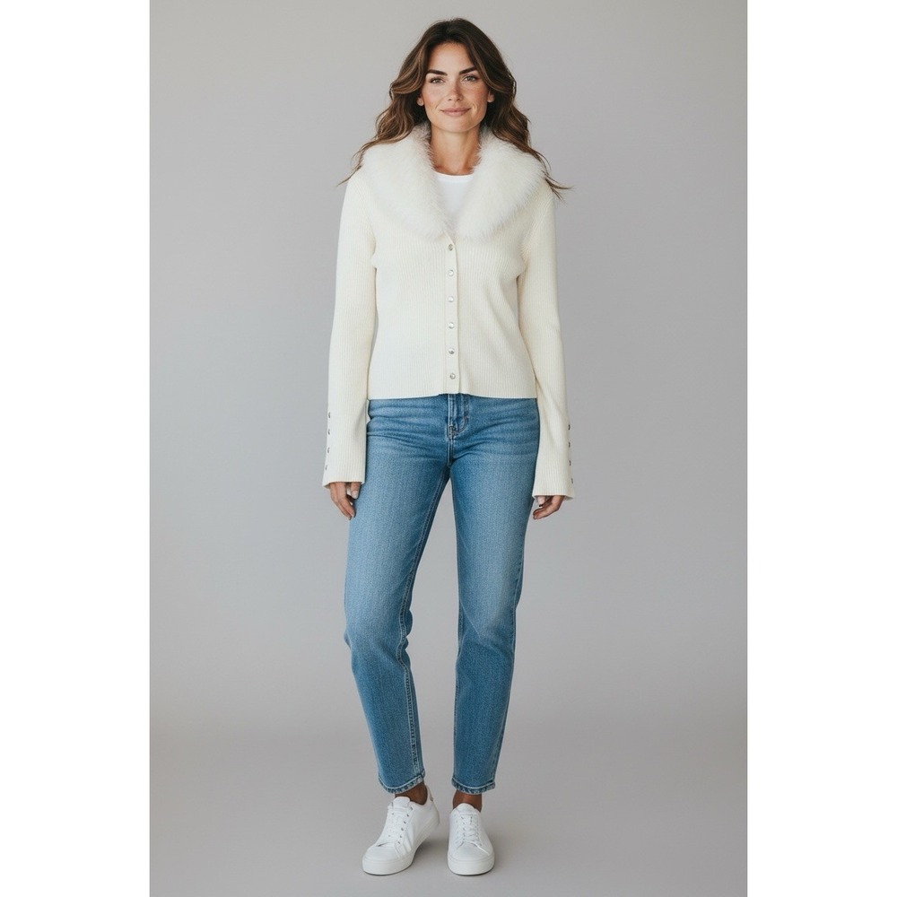 Fashion Nova Vera Faux Fur Trim Cardigan Cream XL Ribbed Button Front NWT